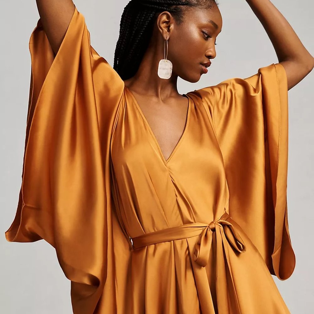 Anthropologie Satin Wrap Dress in Golden Mustard